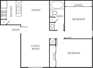 Two bedroom one bath floor plan layout at The Colony Apartments, Texas, 78148
