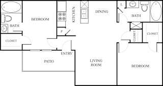 Two bedroom two bath apartment floor plan at The Colony Apartments, Universal City, TX