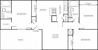 Three bedroom two bath floor plan with patio at The Colony Apartments, Universal City