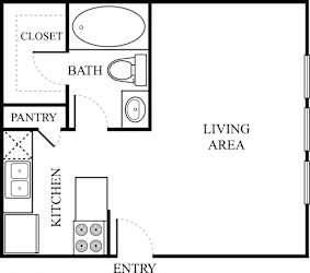 One bedroom floor plan with kitchen and bathroom at The Colony Apartments, Texas, 78148