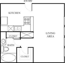 Studio apartment floor plan with kitchen and living area at The Colony Apartments, Universal City, TX