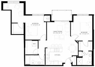 The Lincoln L floor plan with two bedrooms and two bathrooms on each side of the living room
