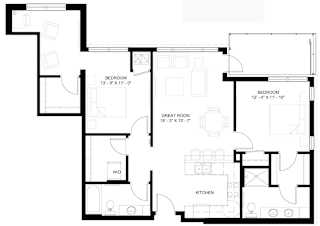 The Denali L floor plan with two bedrooms and two baths on each side of the living room