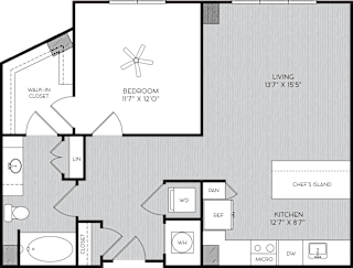A3 One Bedroom Floor Plan with No Balcony at Apartments in Vinings