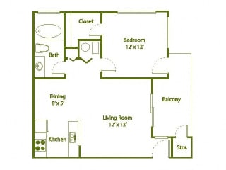 Floor Plan 1 Bedroom, 1 Bath 590 sqft