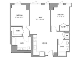 2 bed 2 bath floor plan C at Residences at Addison Clark, Illinois, 60613