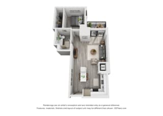 1 bed 1 bath floorplan J at Residences at Addison Clark, Chicago, Illinois