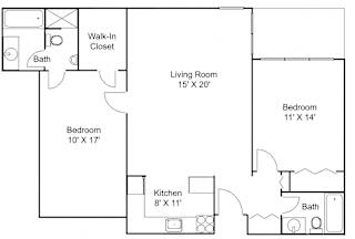 2 bed 1 bath B Floor plan at Hillsborough Apartments, Roseville, MN 55113