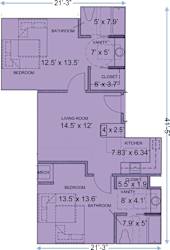 A floorplan of the 2 bedroom 1 bathroom unit