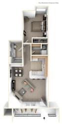 A floor plan of a small apartment with a kitchen, living room, and bedroom.