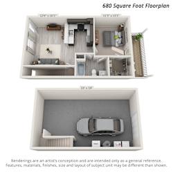 Floor Plan 1 Bedroom with Drive Under Garage - 680sf