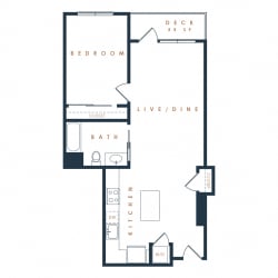 1x1 with Balcony 1E – 1 Bedroom 1 Bath Floor Plan Layout – 799 Square Feet