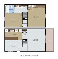 A floor plan of a 900 square feet Chatham Village apartment.