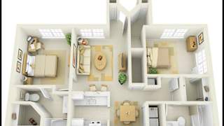 A 3D floor plan of a house with a kitchen, living room, and two bedrooms.