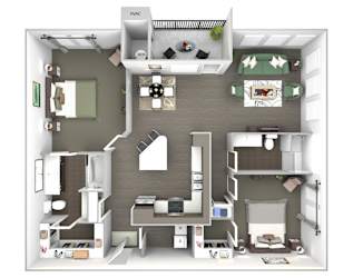 2 Bedroom Cabin 3D Floor Plan