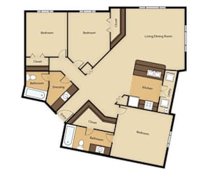 a schematic floor plan of a two story residence with two bedrooms and a living room