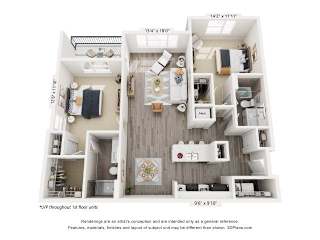 A 3D floor plan of a small apartment with a kitchen, living room, and bedroom.
