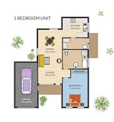 A floor plan of a one-bedroom apartment with a garage.