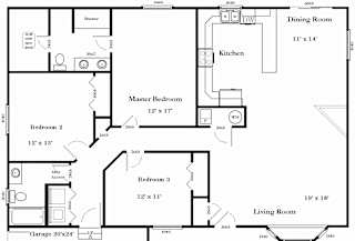 A floor plan of a house with a master bedroom, two additional bedrooms, a living room, a dining room, a kitchen, and a garage.