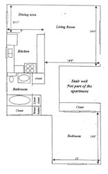 A drawing of a floor plan for an apartment with a living room, dining area, kitchen, bathroom, and bedroom.
