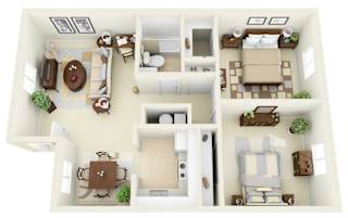 A 3D floor plan of a house with furniture and appliances.
