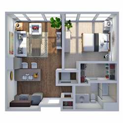 A 3D rendered image of a small apartment layout.
