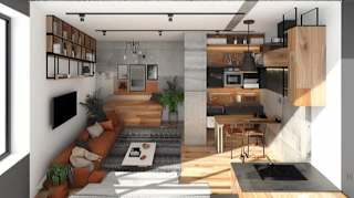 A modern living room with a kitchen area in the background.