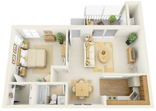 A 3D floor plan of a house showing a kitchen, living room, dining room, and bathroom.