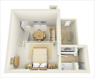 A 3D floor plan of a small apartment with a bedroom, living room, and kitchen.