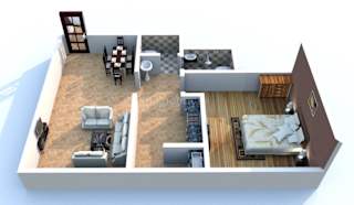 A 3D rendered image of a modern apartment layout.