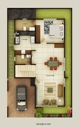 A floor plan of a house with a living room, dining room, kitchen, and a garage.