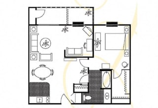 1 bedroom 1 bath floor plan D at Parkside Senior Apartments, California