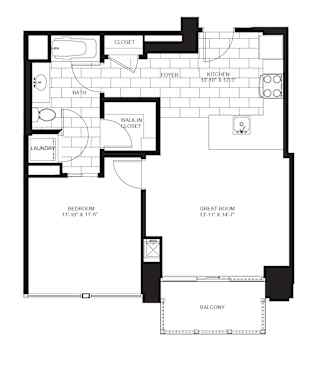1 Bed 1 Bath Floorplan B | 713 Sq. Ft. at Flair Tower Apartments, Chicago Illinois