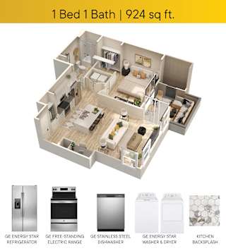 One Bedroom Floorplan with applaince callouts patio square footage