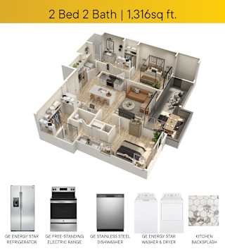 Two Bedroom Floorplans with appliance callouts and patio square ft