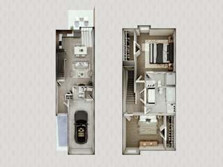 Two floor plans of a house with a car parked in the garage.