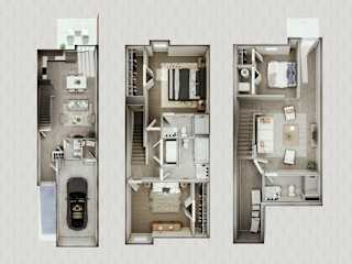 Three different layouts of a small apartment are displayed.