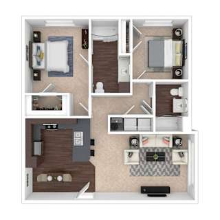 A top-down view of a small apartment layout with a kitchen, living room, and bedroom.