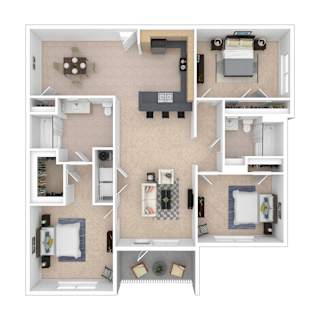 A 3D floor plan of a small apartment with a kitchen, living room, and bedroom.