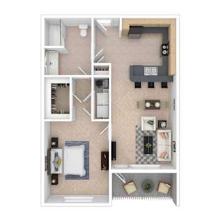 A floor plan of a small apartment with a kitchen, living room, and bathroom.