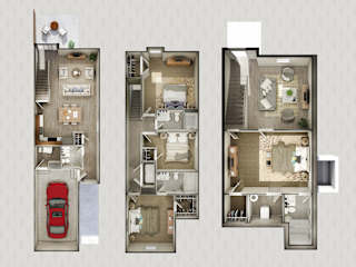 Three different house floor plans are displayed.