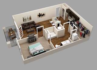 A 3D rendered image of a small apartment layout.