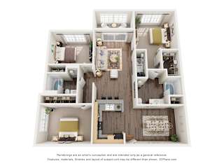 A 3D floor plan of a small apartment with a kitchen, living room, and two bedrooms.