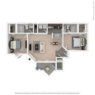 A floor plan of a house with a kitchen, living room, and two bedrooms.