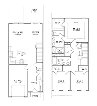 A floor plan of a house with a garage, two bedrooms, a living room, a dining room, a family room, a patio, a foyer, a bathroom, and a porch.