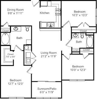 A black and white image of a floor plan for a house with a living room, dining room, kitchen, and four bedrooms.