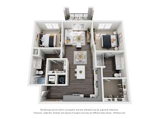 A 3D floor plan of a house with a kitchen, living room, dining room, and bathroom.