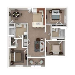 A floor plan of a small apartment with a kitchen, living room, and two bedrooms.