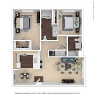 A floor plan of a house with a kitchen, living room, and two bedrooms.