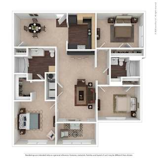 A floor plan of a house with a kitchen, living room, dining room, and bedrooms.